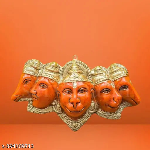 Polyresin orange Panchmukhi Hanuman Ji Murti statue, 7cm high, ideal for home office temple decor or door entrance. Dispels negative energy and offers protection. Perfect for Vastu Pooja and various occasions. Made in India