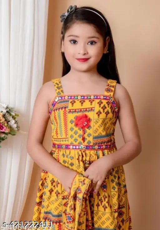 Yellow cotton blend print palazzo pants & sleeveless top with dupatta for girls - Indian anarkali style coord set