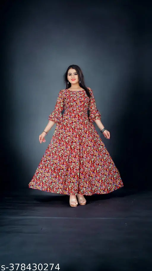 Red Georgette Three-Quarter Sleeve Bubble Printed Anarkali Kurti for Women, full flared style with round neck and bell sleeves