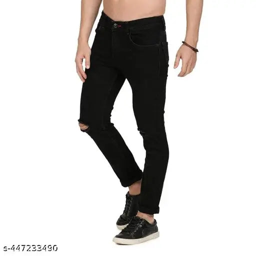 Black mens knee cut jeans, slim fit