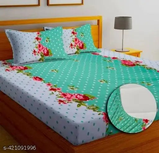 Green dotted cotton fitted bedsheets, King Double size with all-around elastic & 2 large pillow covers (18 x 28 inches) - Blinkberry, India origin