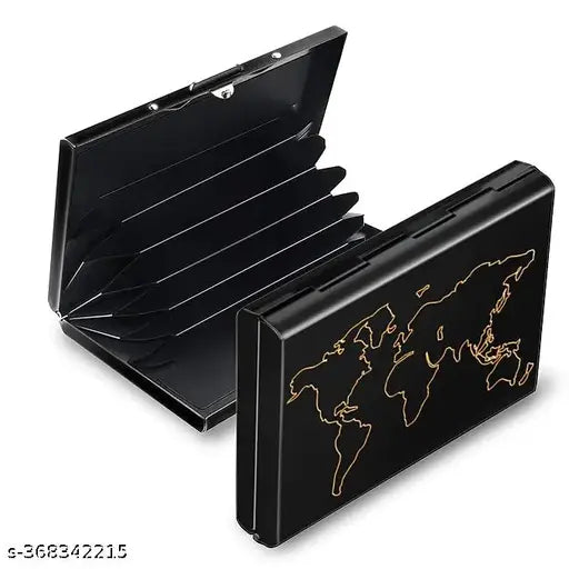 Black metal World Map RFID-blocking 6-slot card holder for men and women, durable and stylish pocket essentials organizer