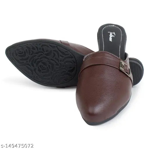Leather western party shoes, solid open back mules - stylish footwear for events in trendy design, India origin