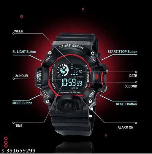 Digital watch with red and black band, displaying time and date, resistance to shock and water