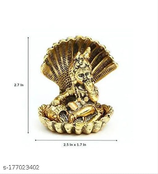 Metal brass Lord Krishna statue, Gold Ladoo Gopal on Sheshnag, Indian religious showpiece for home decor