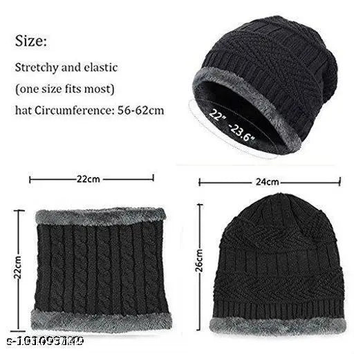 Soft wool winter cap & neck muff set (pack of 2), trendy design with fur inside, perfect for unisex protection from winters