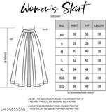 Floral maxi skirt for women, pleated design, elastic waist, size chart displayed, suitable for fashionable western wear