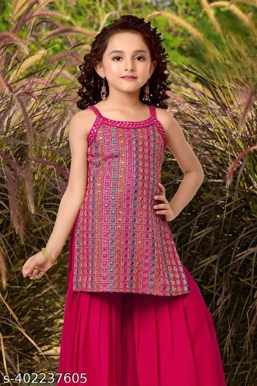 Pink multicolor thread, mirror and sequins sharara suit set for girls, crepe anarkali with palazzos bottoms, embroidered design, India origin