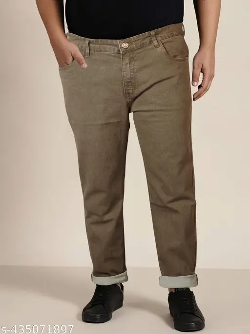 Plus size men's stretchable beige jeans, RIGBONE branded denim for all sizes, with waist sizes ranging from 37in to 54in and a length size of 42in