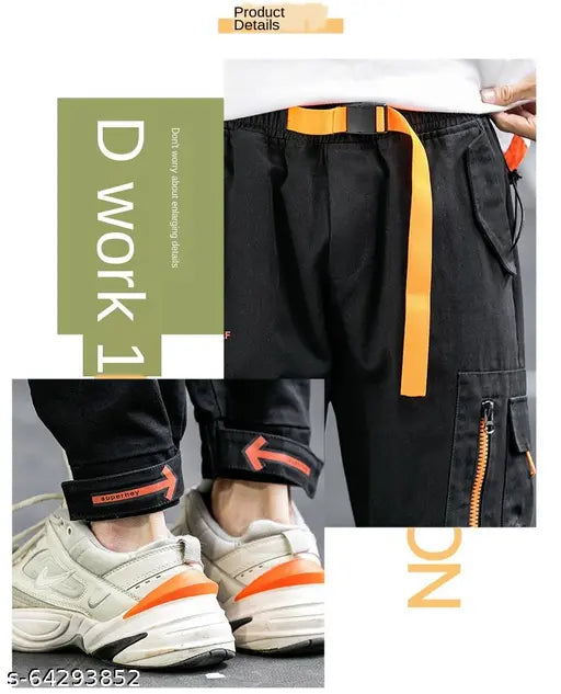 Men's black cotton cargo pants with flap pockets, zip detail, and drawstring waist in army green color