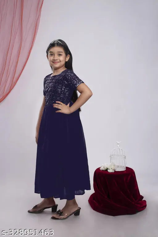 Denim embroidered net party dress, fancy ethnic gown for girls aged 3-13, Indian origin