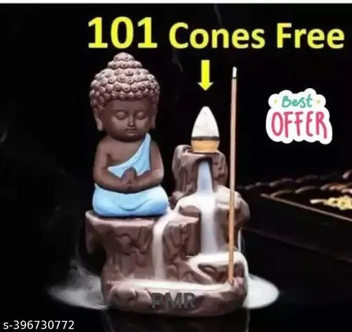 Poly resin meditating Buddha figurine, smoke-free incense holder, decorative showpiece for living room or bedroom. Indian origin." (89 characters)
