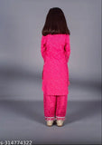 Kidaroo Girls cotton printed kurta and pyjama set, ready-to-wear party wear for girls aged 1-14. Indian-made traditional kurta and pyjama set with frilled hem, spread collar, and three-quarter sleeves. Best gift for occasions like weddings, ceremonies, parties, birthdays, festivals