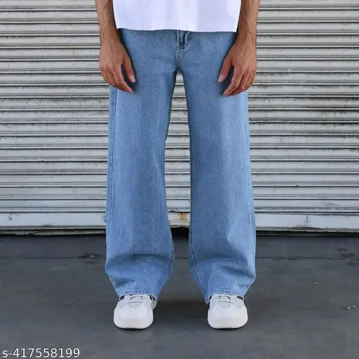 Light blue denim relaxed fit men's jeans, solid pattern from India