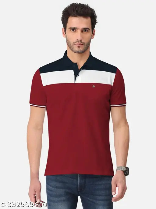 Multicolor cotton blend men's polo t-shirt, short sleeves, colorblocked design. BULLMER premium quality, no pockets, comfortable fit, stretchable, stylish look. Size M (41in chest, 28in length), L (43in chest, 29in length), XL (45in chest, 28.5in length), XXXL (49in chest, 30.5in length), 4XL (51in chest, 31in length). Made in India