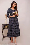 Black, rayon, printed Anarkali Kurta for women size 36-38, 40-42, 44-46, 48-50