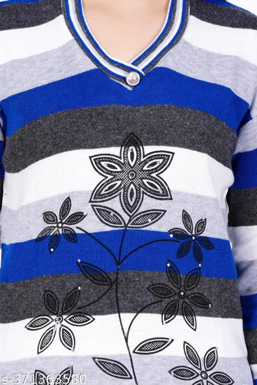 Gorgeous blue and white striped woolen kurti with floral print