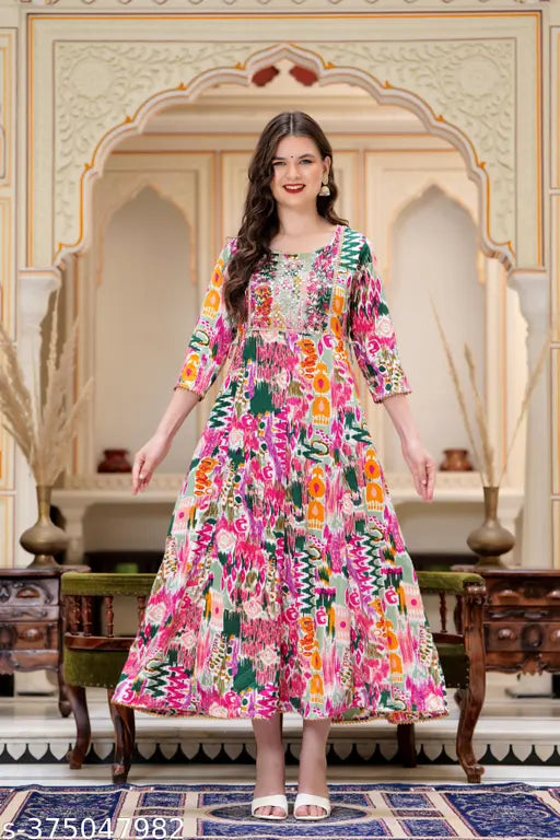 Multi-colored, floral printed, long-sleeved maxi dress