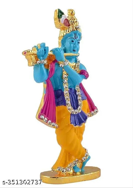 Blue ceramic Krishna bansuri statue for home decor or office, symbolizing devotion and spiritual grace