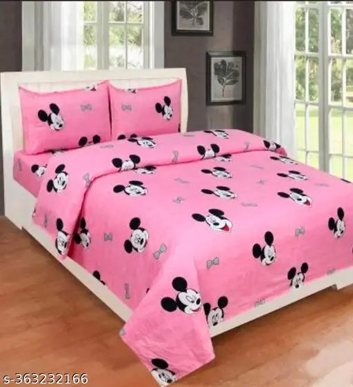 Glace Cotton Mickey Mouse double bedsheet(90*90) with 2 pillow covers for Kids, ideal for summer, superfine quality flat sheets on bed