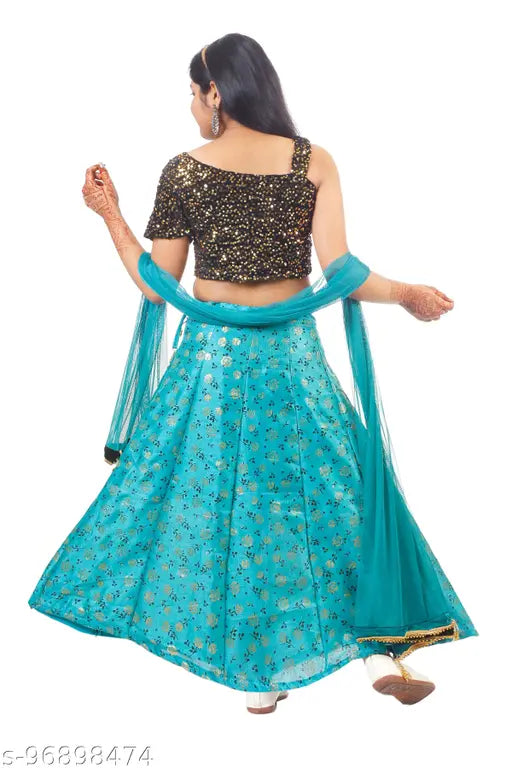Blue velvet midi princess lehenga with floral embroidery and sequined top, cotton cambric skirt, net dupatta for 3-8 years old parties or special occasions