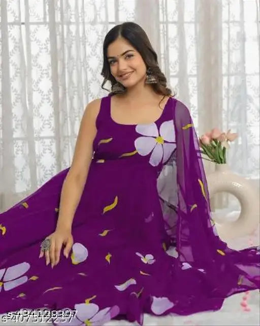 Purple Georgette gown with floral print, Indian-inspired lace border, exquisite for daily wear