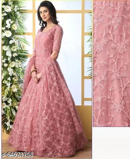Net embroidered long sleeve women's gown, comfy partywear for free size Bust 44in, LWH 44inx56inx52in