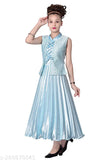 Green satin sleeveless frock dress for girls, printed net pattern, sizes 3-4yrs to 11-12yrs, Indian origin
