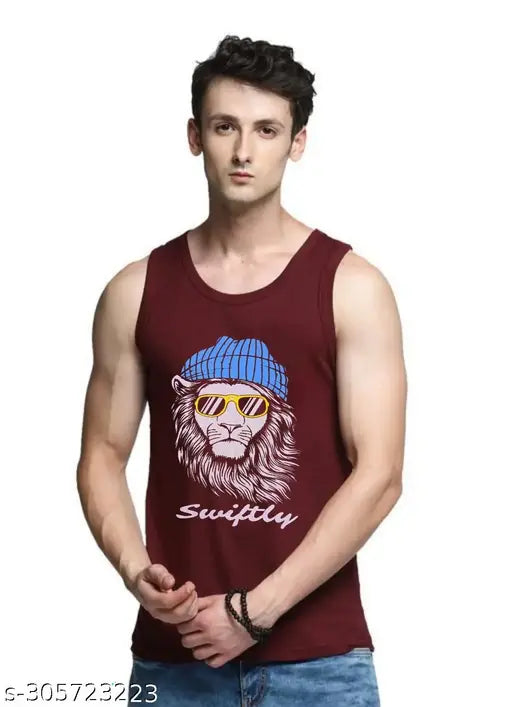 Pure cotton lion print men's gym t-shirt, sleeveless, size S-XXL, made in India