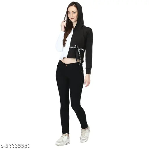Trendy scuba 4-way hoody style jacket for women in self-design net, long sleeves, cropped length