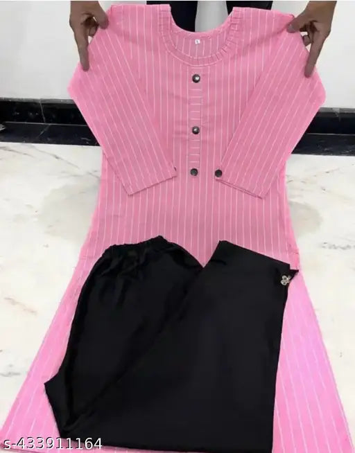 Striped cotton kurti with matching bottomwear, three-quarter sleeves. Indian handcrafted new cotton clothing for women