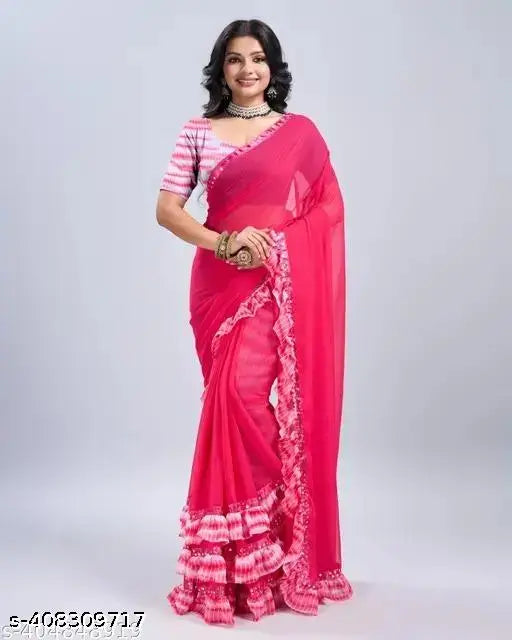 Pink and white georgette frills design saree with unstitched blouse piece