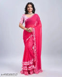 Pink and white georgette frills design saree with unstitched blouse piece
