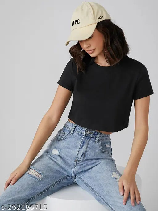 Black solid cotton round-neck crop top for women & girls, trendy fashion accessory
