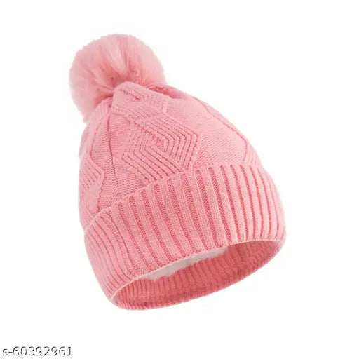 Women's skull cap, pink wool with fur trim, warm and cozy for winter