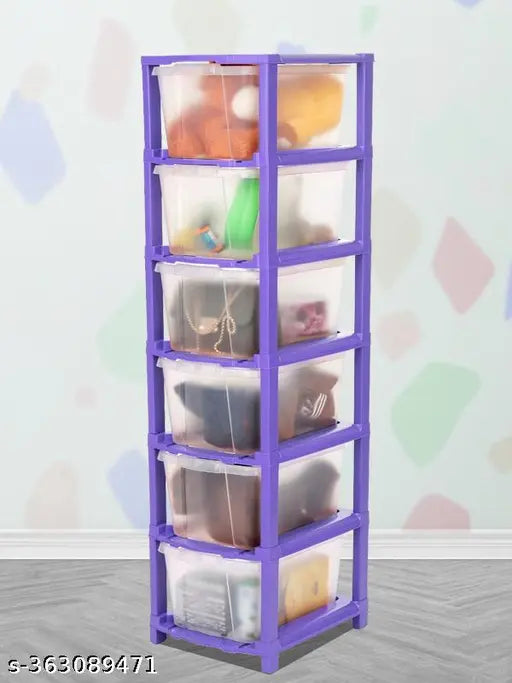 A six-layer purple cabinet with clear compartments for organizing various items