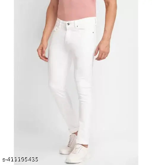 White denim jeans for men and boys, maximum comfort and style. Solid white denim, stretchable for easy fit. Size options include 28, 30, 32, 34, 36 (waist sizes: 28in, 30in, 32in, 34in, 36in; length size: 39in; hip sizes: 45in, 47in, 49in, 51in, 53in). Origin: India