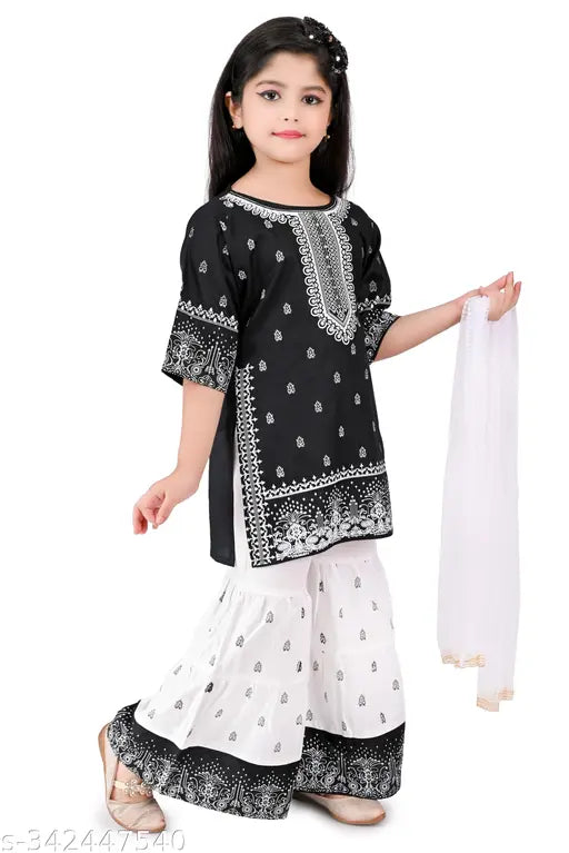 Rayon ethnic print kurtas with sharara bottoms and dupatta, Indian fashion for girls aged 2-10 years