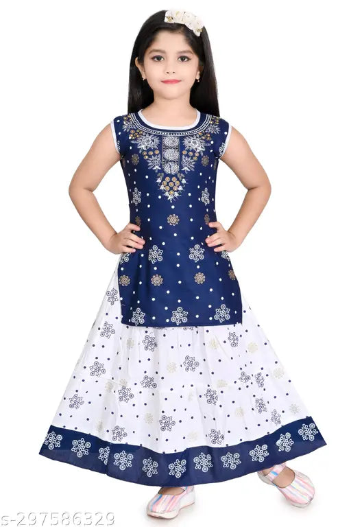 Chanderi cotton Girls Kurti set with skirt, printed summer wear perfect for parties