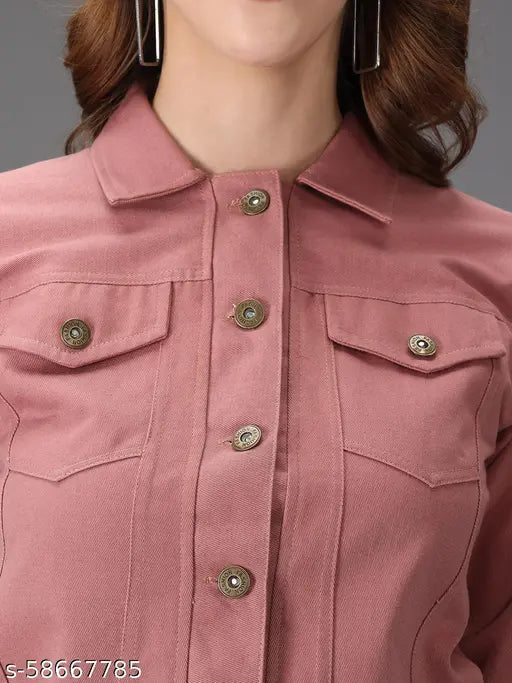 Cotton blend Akacy full sleeve solid women jacket, denim fabric with regular collar, long sleeves, and closure button on front