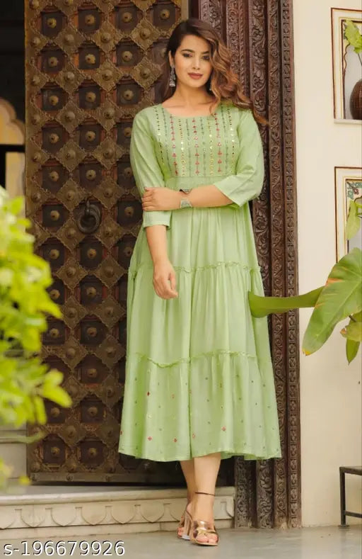 Green chiffon anarkali kurta, long sleeves, high neckline