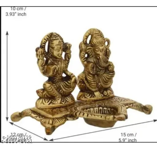 Metal Laxmi Ganesha puja idol with deepak, traditional Indian religious artifact, 10cm x 10cm x 15cm