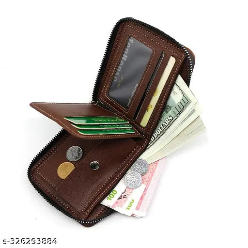 Grey leather men's bifold wallet with 2 pockets and 5 card slots, designed for gents and boys