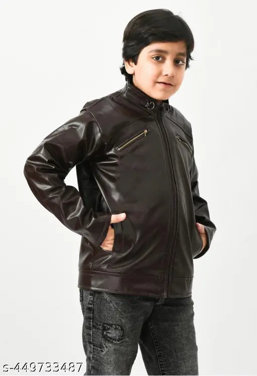 Kids winter jacket, black leather with zip closure