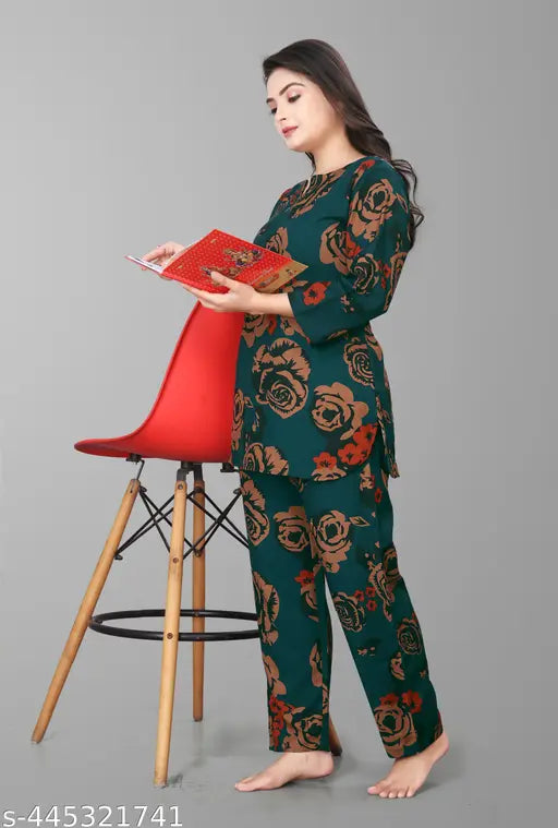 Printed rayon night suit for women, three-quarter sleeves pyjamas set with intricate pattern on display