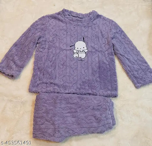 Furry pink nightsuit with cute print, warm and cozy, long sleeves and leggings, imported woolen material
