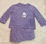 Furry pink nightsuit with cute print, warm and cozy, long sleeves and leggings, imported woolen material