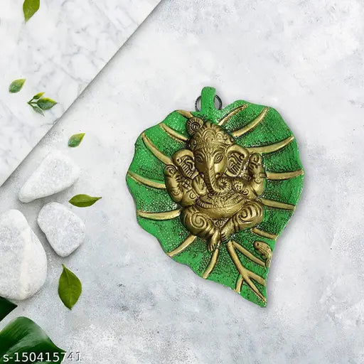 Metal Ganesha leaf wall hanging, white metal, green Ganesh idol, 7 inch size, Feng Shui decorative art figurine for home entrance