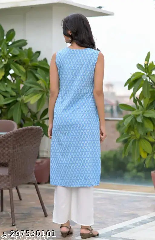 Blue printed rayon kurta and palazzo set, sleeveless, size XS-XXL, handcrafted Indian fashion wear on model