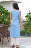 Blue printed rayon kurta and palazzo set, sleeveless, size XS-XXL, handcrafted Indian fashion wear on model